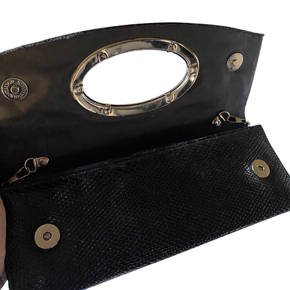VNTG 90s Patent Snake Embossed East West HandBag Purse Black Chain Strap Clutch - Picture 8 of 9